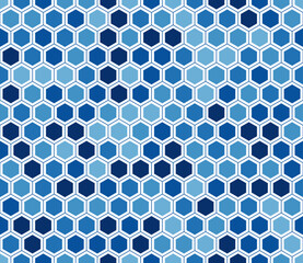 Abstract background with geometric mosaic shapes. Simple hexagon grid with inner solid cells. Blue color tones. Hexagon cells. Seamless pattern. Tileable vector illustration.