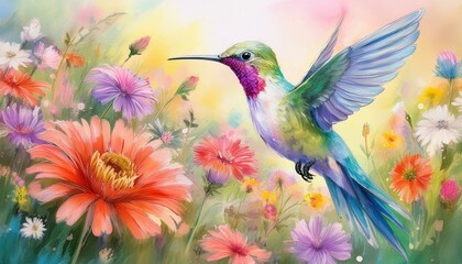 Pastel painting, hummingbird, among colorful wildflowers, pastel painting technique, pastel texture, light blending, intricate details, soft, vibrant, layered.