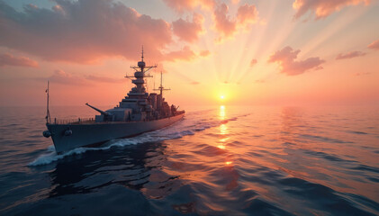 Fototapeta premium Battleship on the horizon, open sea, dawn