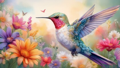 Obraz premium Pastel painting, hummingbird, among colorful wildflowers, pastel painting technique, pastel texture, light blending, intricate details, soft, vibrant, layered.
