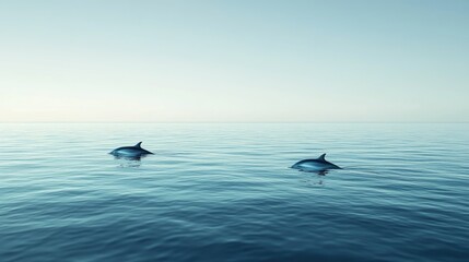 Naklejka premium A serene scene of dolphins swimming in the open ocean, with the vast, calm waters stretching out to the horizon under a clear sky.