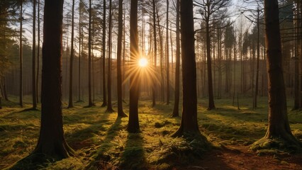 Obraz premium Warm Sunset Filtering Through Forest Trees