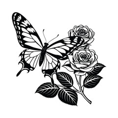 Obraz premium Silhouette of a rose flower with butterfly on a white background