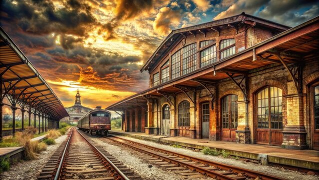 Industrial Nostalgia: Historic train station, weathered metal, rusted surfaces, sepia tones, evocative memories