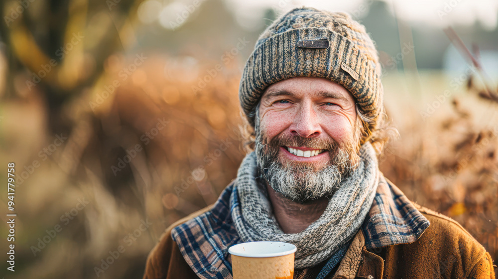 Sticker serene farmer enjoying a warm drink in lush field close-up portrait of cheerful rural worker with br