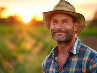 Fototapeta premium Cheerful Farmer Enjoying Hot Drink in Sunlit Field Close-up Portrait with Rural Landscape Background