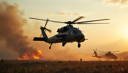 Helicopter hovering over battlefield, intense combat below
