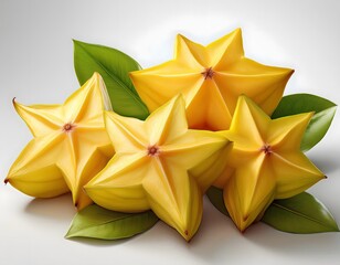 Starfruit (carambola) slices arranged in a neat row on a clean white background