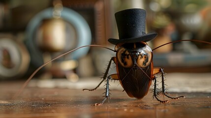 Cockroach Wearing Top Hat and Monocle Amidst Miniature Victorian Parlor Scene