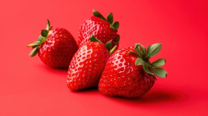 Fresh red strawberries arranged beautifully, showcasing their juicy texture and vibrant color against a striking red background.