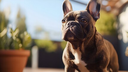 A content and cheerful French Bulldog dog breed is standing on a patio or terrace enjoying the warm and sunny day with a peaceful and relaxed expression