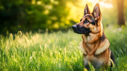 A German Shepherd dog standing alert and attentive in a lush grassy field or meadow with ample copy space for text overlay or design elements