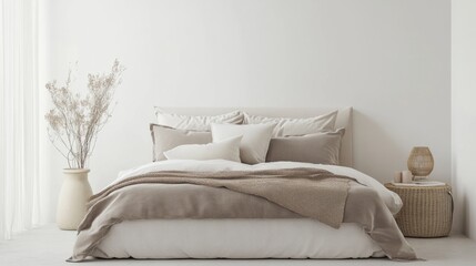 Minimalist Bedroom Interior Design with White Bed and Natural Elements.