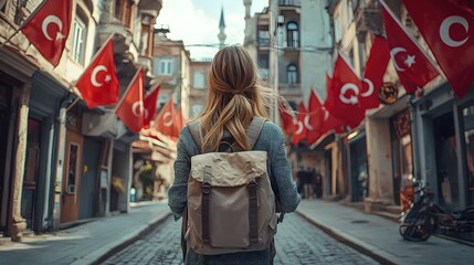 Fototapeta premium Female traveler in a quaint alleyway adorned with Turkish flags.