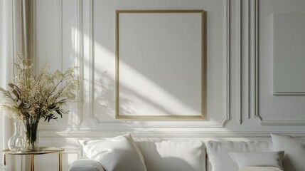 Fototapeta premium Minimalist Living Room with Gold Frame Mockup.