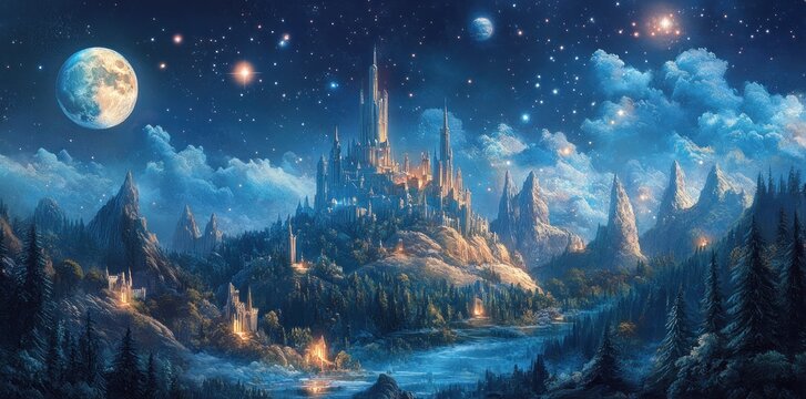 A Fantasy Castle Built on a Mountaintop Under a Starry Sky