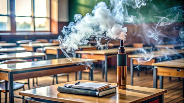 A popular sleek vaping device lies abandoned on a cluttered high school desk surrounded by scattered textbooks, pens, and crumpled up papers amidst a haze of vape smoke.