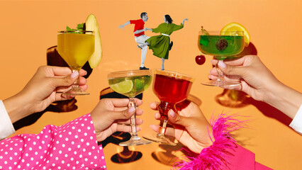 Poster. Contemporary art collage. Hands holding glasses of cocktails and dancers dancing between it as on dancefloor. Concept of summer, holidays, celebration, Friday mood, festivals. Ad