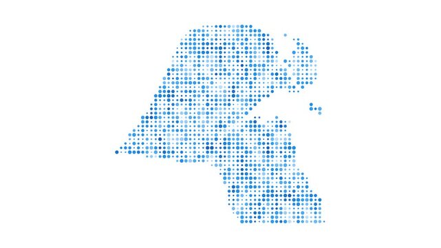 Kuwait dotted digital map. Map of Kuwait with pulsating colored circles. Shape of the country filled with blue disks. Authentic video.