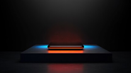 A sleek smartphone displayed on a minimalistic platform with glowing accents.