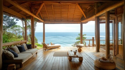Fototapeta premium Charming European beach house with spacious copy floor, overlooking a serene coastline. Rustic wooden architecture.