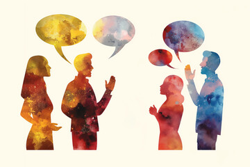 Illustration of a group of people discussing ideas and talking bubbles above them against a white backdrop. For communication and discussion concepts.