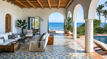 Fototapeta premium Charming coastal European beach house with a tiled copy floor and scenic ocean views.