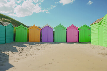 Colorful beach huts lined up on a sandy shore under a bright blue sky.