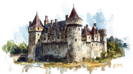 Naklejka premium Watercolor illustration of a medieval castle.