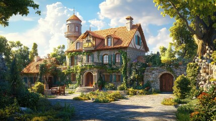 Naklejka premium Charming European mansion with a sunlit copy floor, nestled in a picturesque village with scenic views.