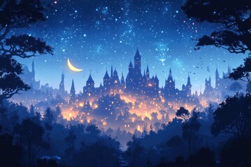 Naklejka premium A Nighttime View of a Castle in a Foggy Forest Under a Starry Sky
