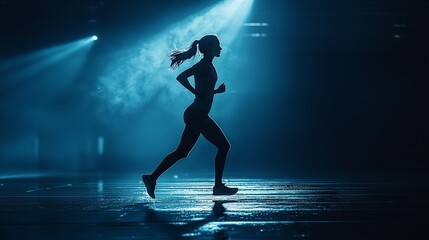 Fototapeta premium Silhouette of a female runner exercising in a spotlighted gym