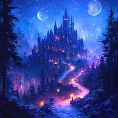 A Nighttime View of a Majestic, Ancient Castle with a Path Leading Up to Its Gates