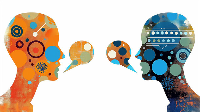 Illustration of two figures facing each other with talking bubbles above, symbolizing an ongoing conversation. For communication or discussions.