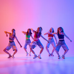 Stylish teenagers dance in sync and to beat of music, expressing their individuality through...