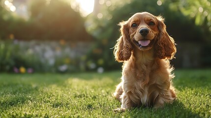 A cheerful and friendly Cocker Spaniel puppy sitting happily on a lush green grassy lawn with a serene and peaceful mood capturing the joy and playful spirit of this beloved domestic pet