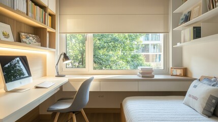 Elegant minimalist study table positioned by the window in a child's bedroom, showcasing clean lines and a thoughtful design.