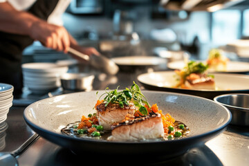 Chef preparing gourmet dish in a high-end restaurant kitchen