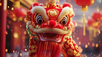 Fototapeta premium Ornate red and gold Chinese lion dance puppet performs during the Lunar New Year celebration with glowing lanterns in the background.