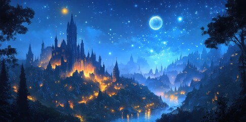 A Fantasy Castle Town Under a Starry Night Sky