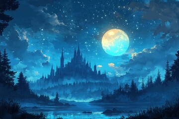 Naklejka premium A Silhouetted Castle Under a Full Moon and Starry Sky