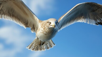 Close-up of a bird in mid-flight with wings spread wide, against a clear blue sky -