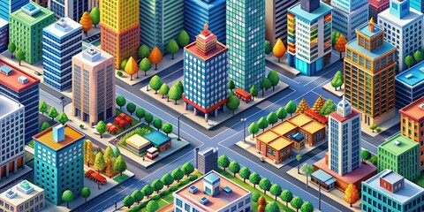 Obraz premium Isometric Metropolis: Bird's-eye perspective, geometric buildings, vibrant streets