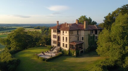 Fototapeta premium Historic European mansion with a spacious copy floor, nestled in the countryside with sweeping views.