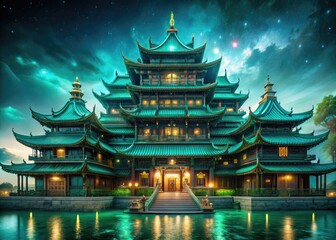 Fototapeta premium Jade Dragon Palace: Mythical, otherworldly, deep teal, luminescent, grandiose