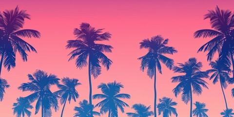 Colorful palm trees in silhouette against a vibrant sunset sky