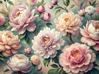 Japanese Inspired Floral Symphony: Delicate brushstrokes and muted colors reminiscent of Japanese aesthetics create a serene and elegant representation of peony blooms.