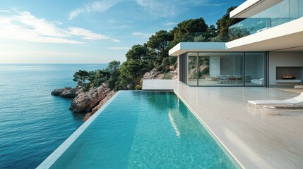 Fototapeta premium Luxury beach house in Europe with a minimalist copy floor and panoramic views of the turquoise waters.