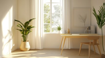 Minimalist study table placed near a child's bedroom window, featuring a simple yet elegant design in a bright, airy space.