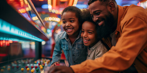 Naklejka premium portrait of black family at amusement arcade